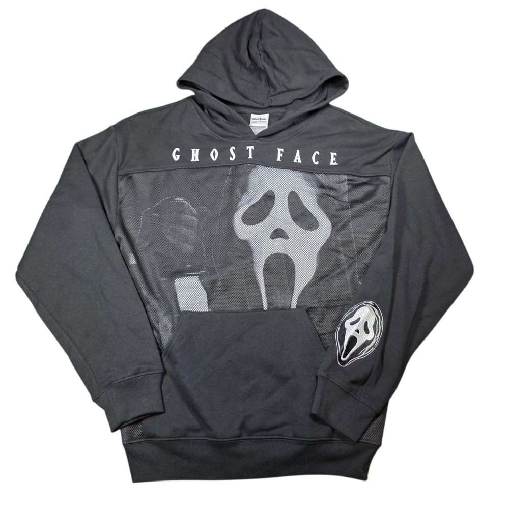 Ghost Face Scream Horror Movie Mesh Overlay Hoodie Black Sweatshirt Halloween S
